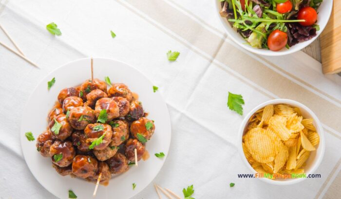 Sweet and Spicy Cocktail Meatballs recipe idea made from scratch. Mini beef appetizers oven baked with honey and barbecue sauce on a stick.