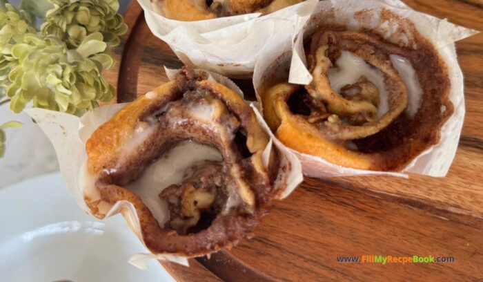 Tasty Banana Granola Cinnamon Roll recipe idea. Easy breakfast buns, quick with bought crescent sheets, or homemade dough with fillings.