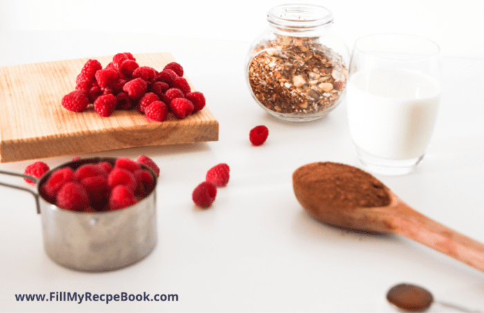 ingredients for a vegan berry and chocolate granola smoothie