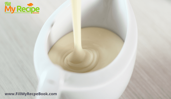 pouring the white sauce in a gravy jug