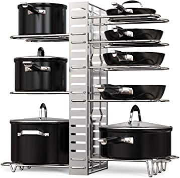 This pot rack organizer offers you additional choices to consolidate pots with dissimilar sizes. The potholder can store up to nine several sizes of pot and pan.