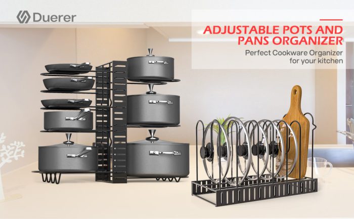 This pot pan rack is extensible. The dimension can be attuned amongst 16.5 and 32 inches, perfect for all pantries and spaces, its invincible adaptability ideal fit across all cupboards, cabinets, and worktops.