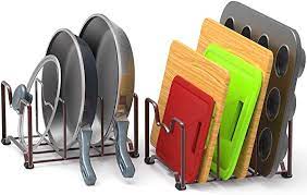 This pan and pot organizer permits you to stock up to 8 pans or 6 to 12 cutting boards.