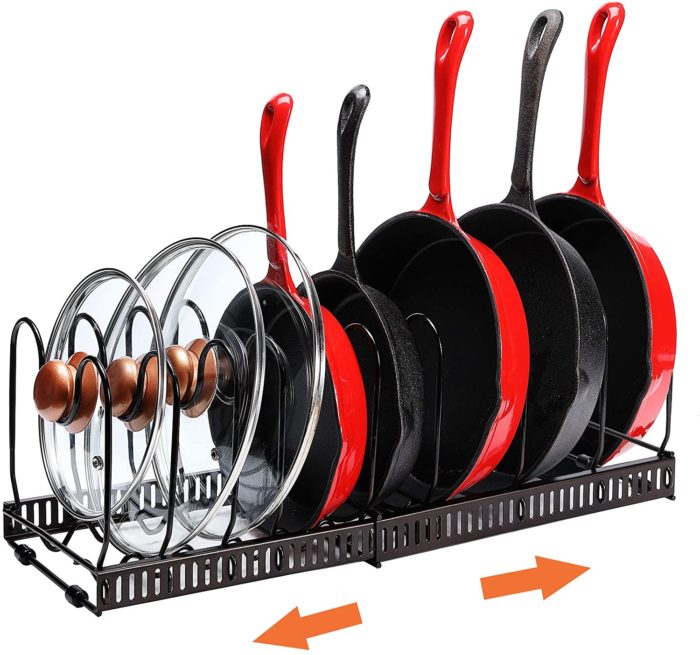 This pan rack organizer is adaptable from 11.7 inches up to 23 inches, appropriate for all kitchenware types. With the help of a pot rack, you can protect your pantry space and eliminate clutter.