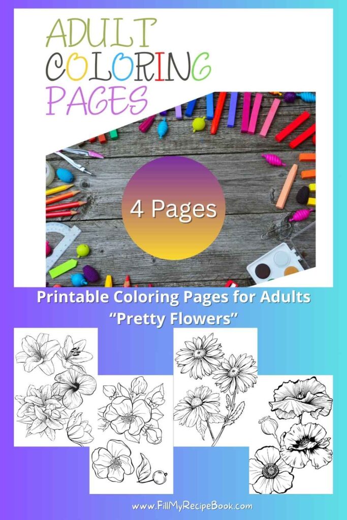 Set of 4 Printable coloring pages for adults featuring beautiful designs. A relaxing, creative hobby to reduce stress, spark creativity, and enjoy mindful moments.