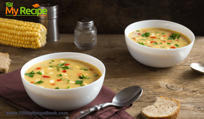 two bowls of corn chowder soup with cayenne peppers and ham