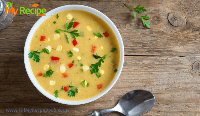 cayenne pepper and ham corn chowder soup in a bowl ready to eat