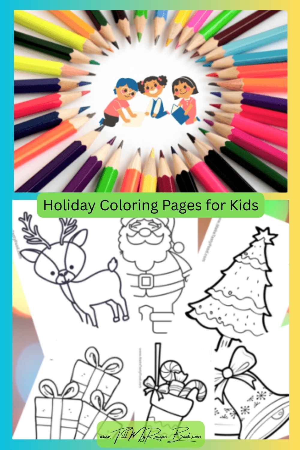 Holiday Coloring Pages for Kids. A festive set of 6 Christmas-themed printables featuring Santa, gifts, and trees. Perfect to keep kids busy, creative, and excited for the holiday season