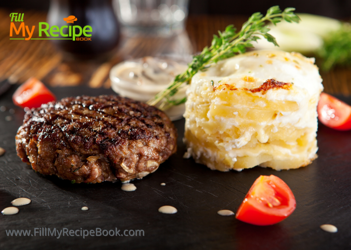 Beef Fillet Garlic Potato fine dining recipe. Easy baked potato dish plated with a seared grilled beef fillet with mushroom sauce.

