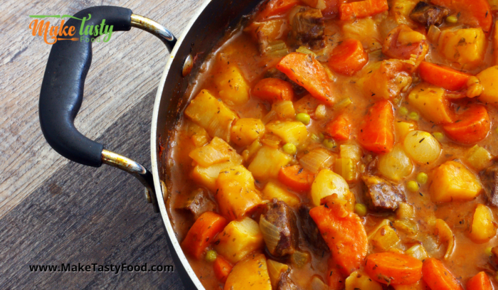 a pot of stew that has been cooked, and ready to eat. gravy and all