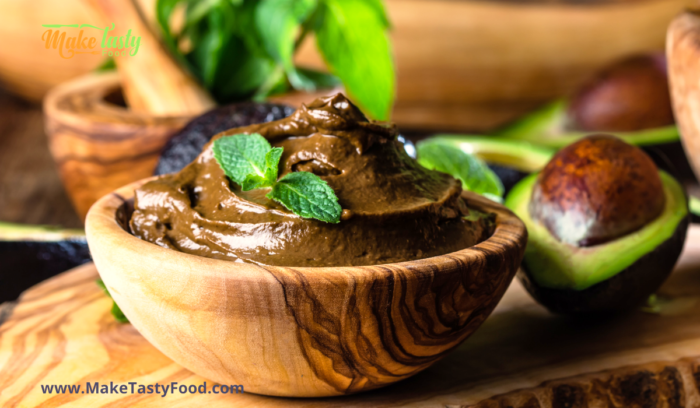 avocado mousse in a wooden bowl