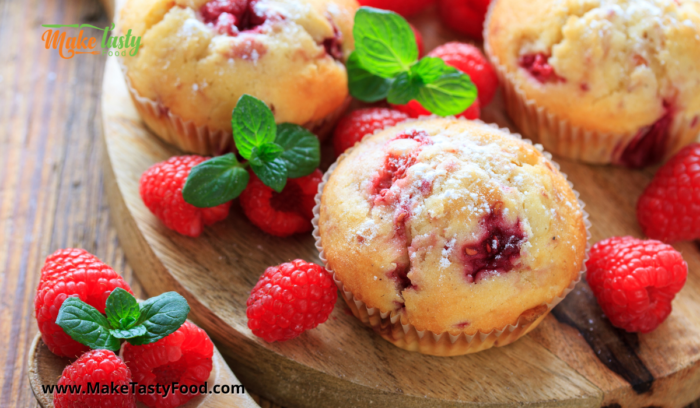 final baked and plated fresh raspberry muffins