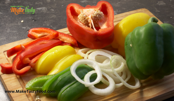 green red and yellow peppers and onion for the sosaties