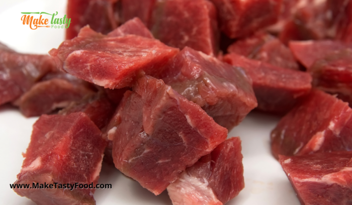 beef cut into squares for the sosatie skewers to be made. Or marinated