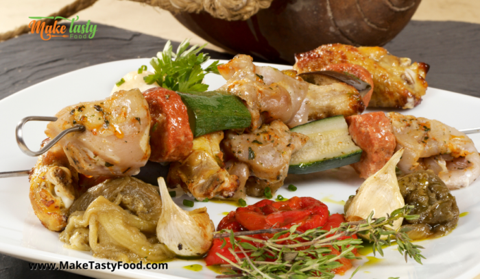 some veggies or salads with the grilled chicken kebobs marinated with honey and mustard