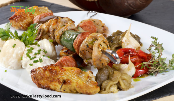 place on a serving dish the grilled honey mustard chicken kebobs