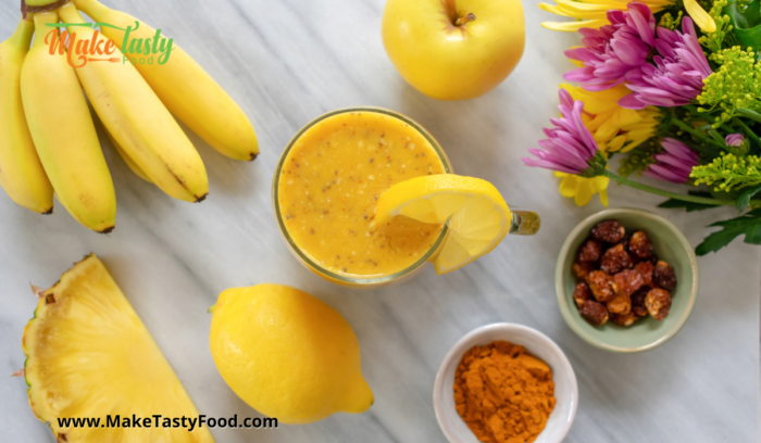ingredients to make this fresh fruit and turmeric smoothie