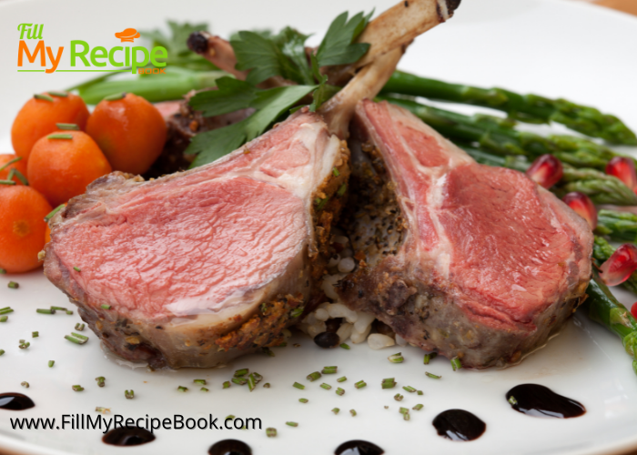 Herb Crusted Rack of Lamb for fine dining recipe idea. Green herb and parmesan crusted lamb chop served meal with asparagus, sides and sauce.