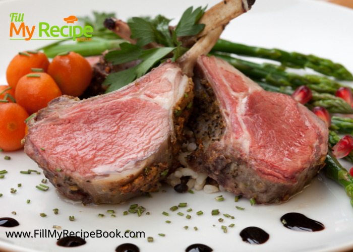 Herb Crusted Rack of Lamb for fine dining recipe idea. Green herb and parmesan crusted lamb chop served meal with asparagus, sides and sauce.
