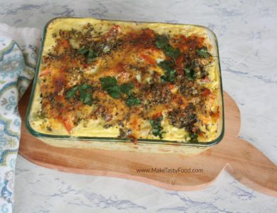 Easy Macaroni and Cheese for two recipe or four people. A homemade pasta oven bake casserole dish with cheese for lunch or dinner with salad.