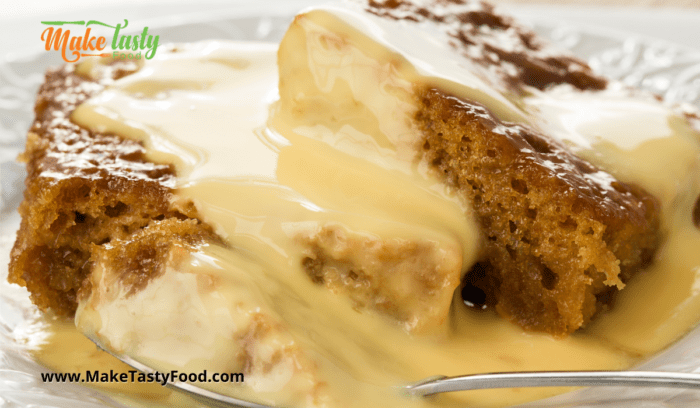 Malva Pudding and custard served as a dessert. malva pudding is made with apricot jam and baked in the oven.