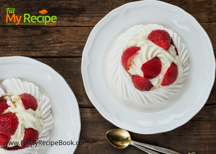 Mini Pavlova Strawberries and Cream recipe. A decadent dessert to bake and decorate with cream, strawberries for a tea or special occasion.