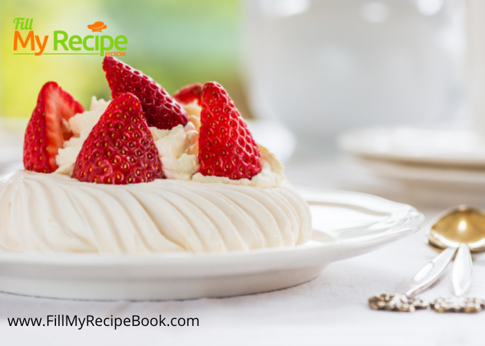 Mini Pavlova Strawberries and Cream recipe. A decadent dessert to bake and decorate with cream, strawberries for a tea or special occasion.