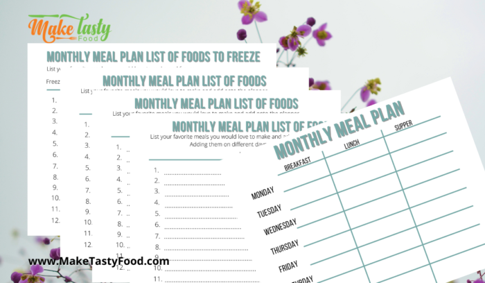 A show of 4 monthly meal plans for each meal and a final monthly planner
