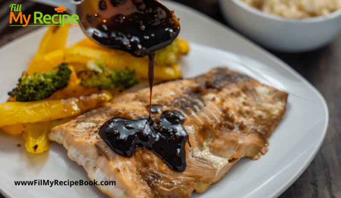 An oven baked salmon glazed with molasses sauce and baked with vegetables such as bell peppers and broccoli. 