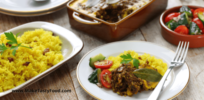 Made some yellows turmeric rice for a lunch meal, then just use some minced beef or any meat you have left over. chop it finely and make this amazing bobotie meal for a supper.