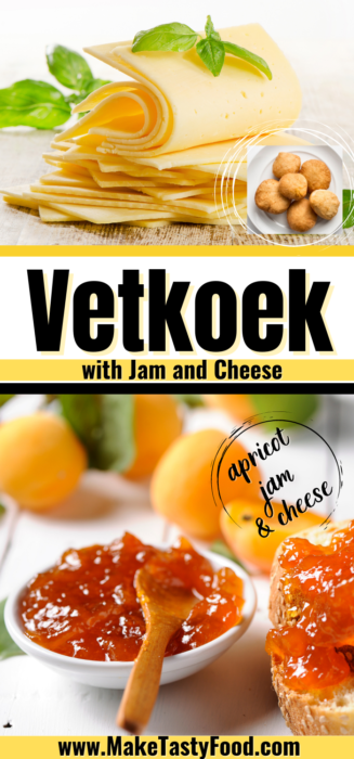 Pinterest image of vetkoek with jam and cheese

