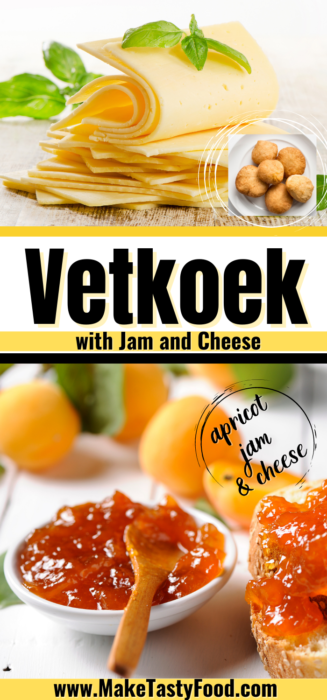 Pinterest image of vetkoek with jam and cheese