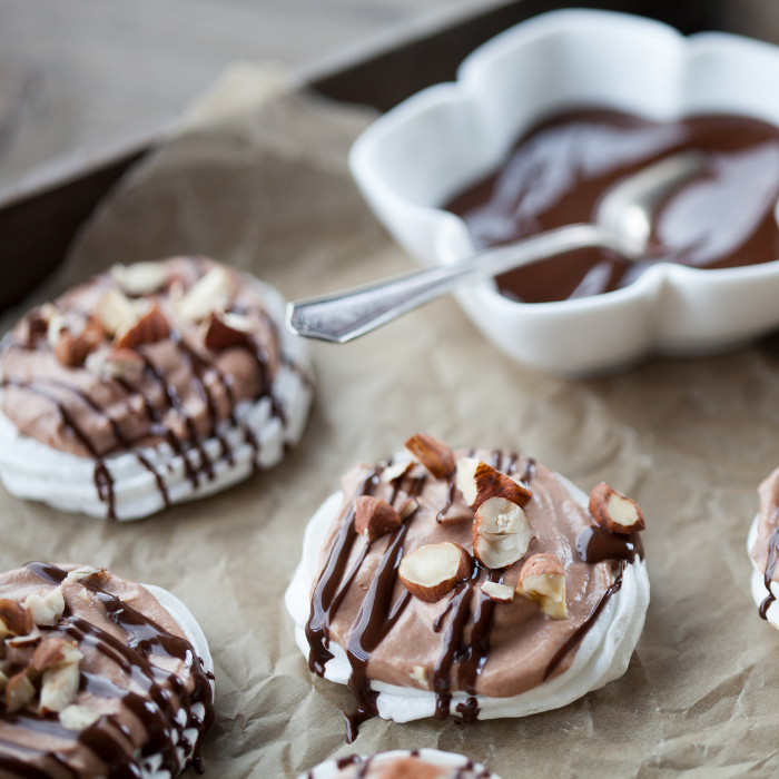 close up of the mini creamy chocolate and hazel nut pavlova
