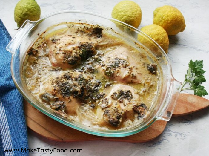 Chicken Mushroom Bake with just two ingredients. Mushroom soup powder and chicken pieces bakes in the oven. self saucing chicken dish