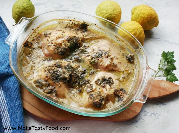 Chicken Mushroom Bake with just two ingredients. Mushroom soup powder and chicken pieces bakes in the oven. self saucing chicken dish

