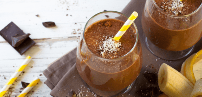 Chocolate Banana Breakfast Smoothie made with raspberries and Greek yogurt and then add chocolate protein powder or cocoa for taste. As well as almond milk. Great anti-inflammatory compounds.