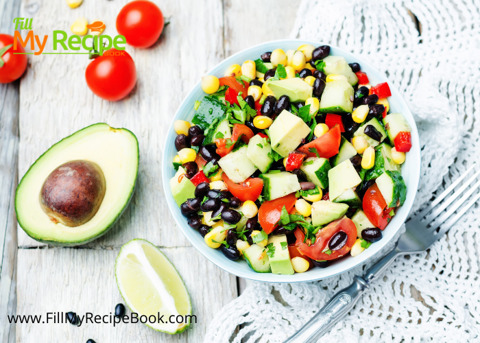 Corn and Black Bean Salad recipe with avocado and lime dressing. A healthy vegan or vegetarian cold side dish for braai or barbecue meals.