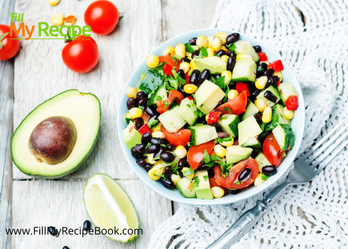 Corn and Black Bean Salad recipe with avocado and lime dressing. A healthy vegan or vegetarian cold side dish for braai or barbecue meals.