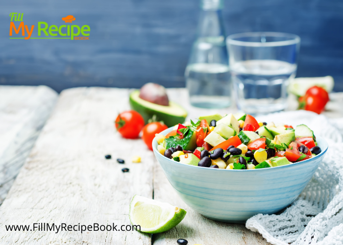 Corn and Black Bean Salad recipe with avocado and lime dressing. A healthy vegan or vegetarian cold side dish for braai or barbecue meals.