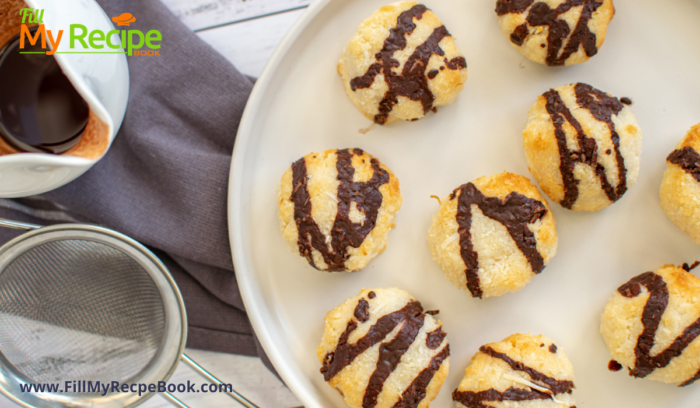 Easy Healthy Coconut Macaroons Recipe. Oven Baked with healthy coconut oil, dairy free, gluten free, diabetics friendly, chocolate coated.