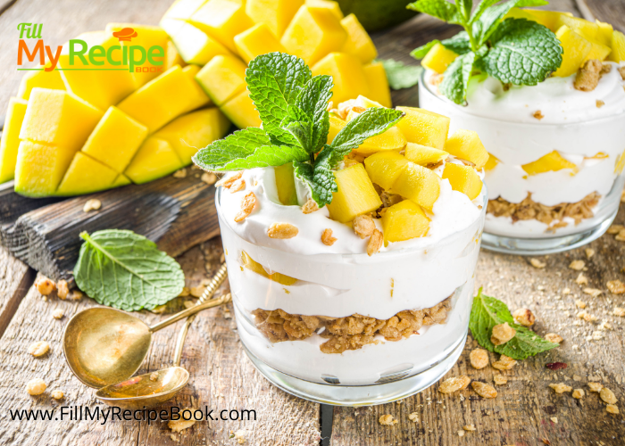 a dessert made with vanilla yogurt granola and cubed mango
