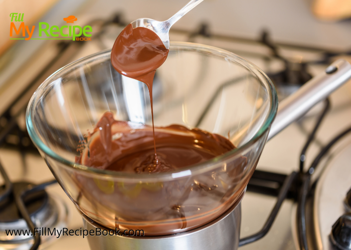 melting chocolate for Easy peanut butter chocolate balls recipe idea. A No Bake healthy snack with cocoa powder treat for kids and family and to gift.