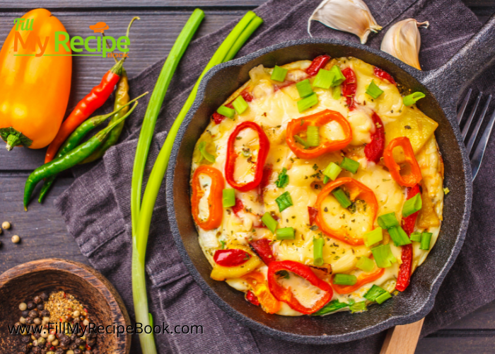 One Pan Bell Peppers Omelet recipe idea. Vegetarian friendly for a meal or breakfast. Sautéed bell peppers and parmesan cheese.