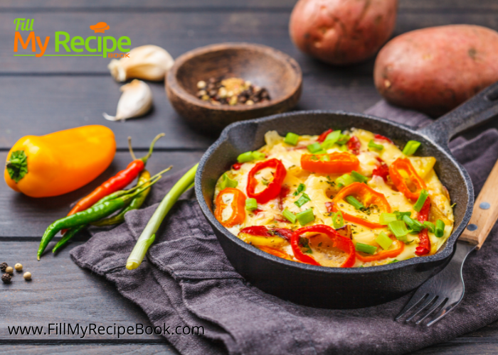 One Pan Bell Peppers Omelet recipe idea. Vegetarian friendly for a meal or breakfast. Sautéed bell peppers and parmesan cheese.