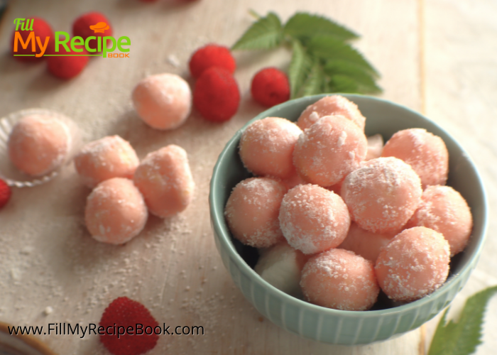 Raspberry White Chocolate Truffle balls recipe rolled in castor sugar. An easy no bake pink Candy dessert to serve for snacks or gifts.