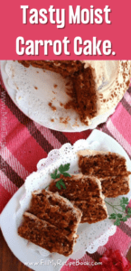 Tasty Moist Carrot Cake is a favorite, spiced with cinnamon and crushed pineapple, pecans and coconut. With an amazing fluffy cream cheese frosting.