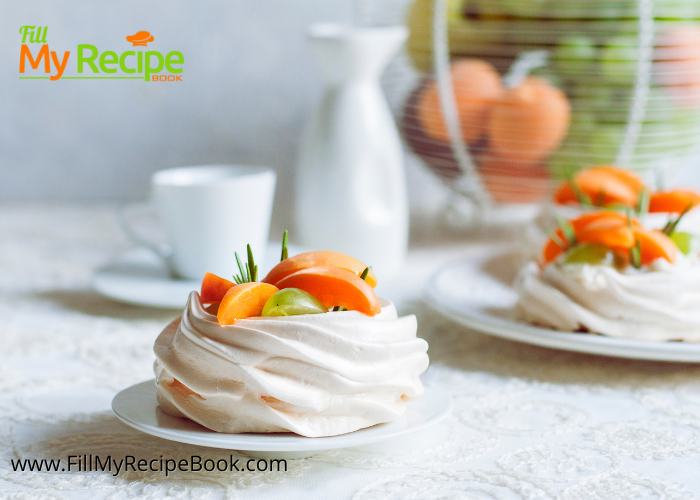 Mini Peaches and Cream Pavlova Recipe. A recipe for fine dining desserts or special occasions with fresh cream and sliced peaches, grapes.