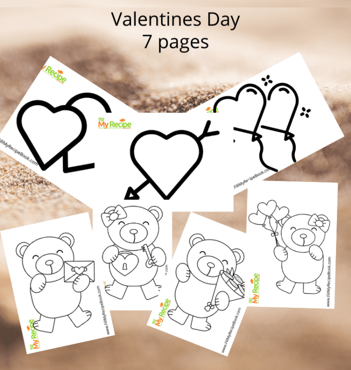 Valentines Day Kids Coloring Worksheets 7 pages of hearts and balloons and teddy bears bearing a message with love for a person in mind.