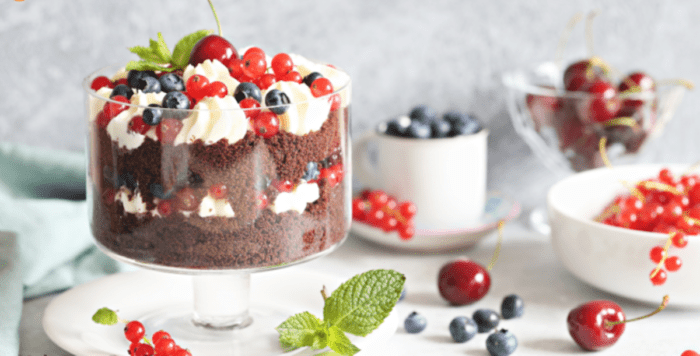 Christmas Cherry Trifle Bowl. The family favorite trifle would be sponge cake and custard and cream with berries and cherries.
