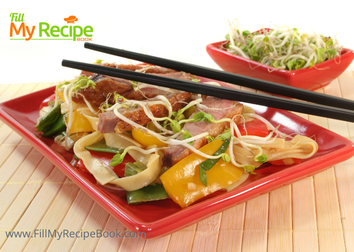 Crispy Chinese Duck Breast recipe with noodles and sauce. An easy fine dining meal, seared duck breast with alfalfa sprouts, bell peppers.